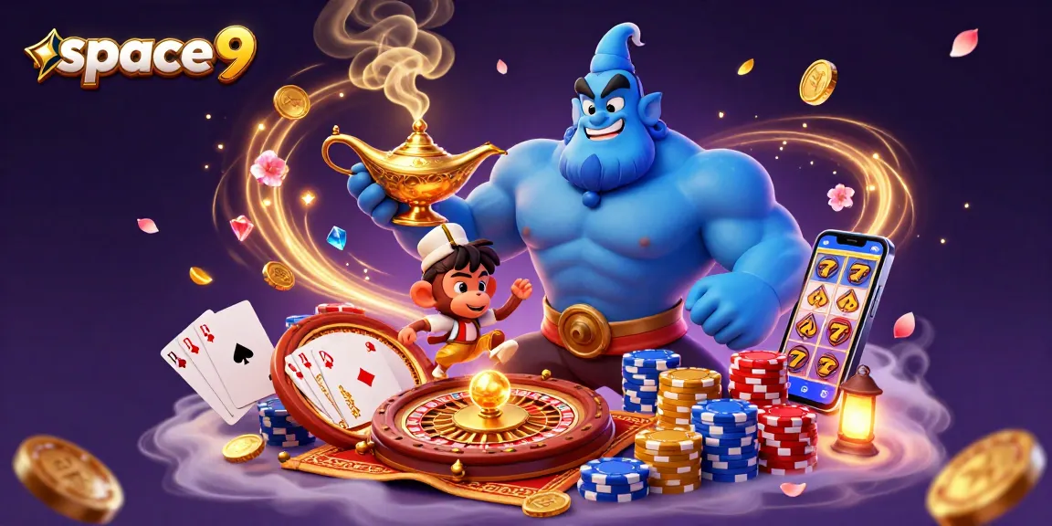 Spin and win at Space9 Casino with the genie unleashing golden jackpots and festive poker chips!