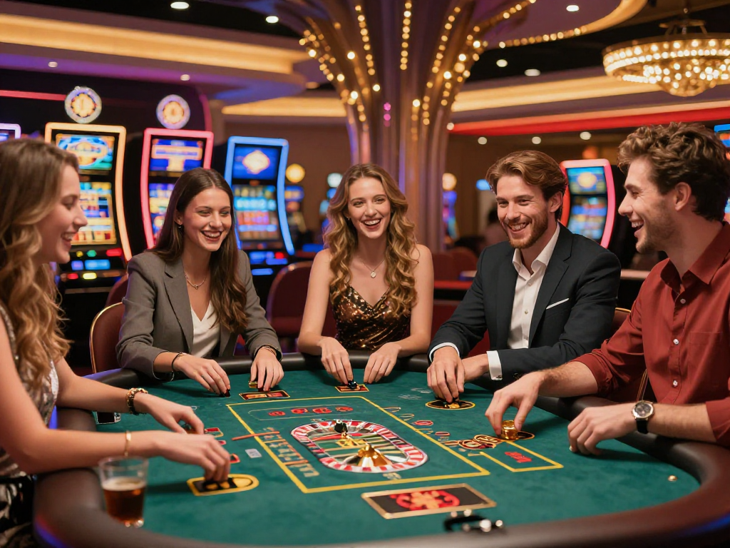 Un gruppo di amici che si diverte nei migliori casino non AAMS con giochi da tavolo e atmosfera vivace.