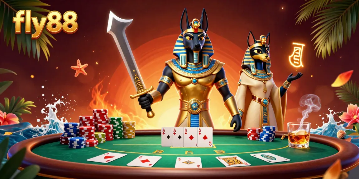 Experience thrilling wins at fly88 with a vibrant poker scene featuring Anubis and Bastet.