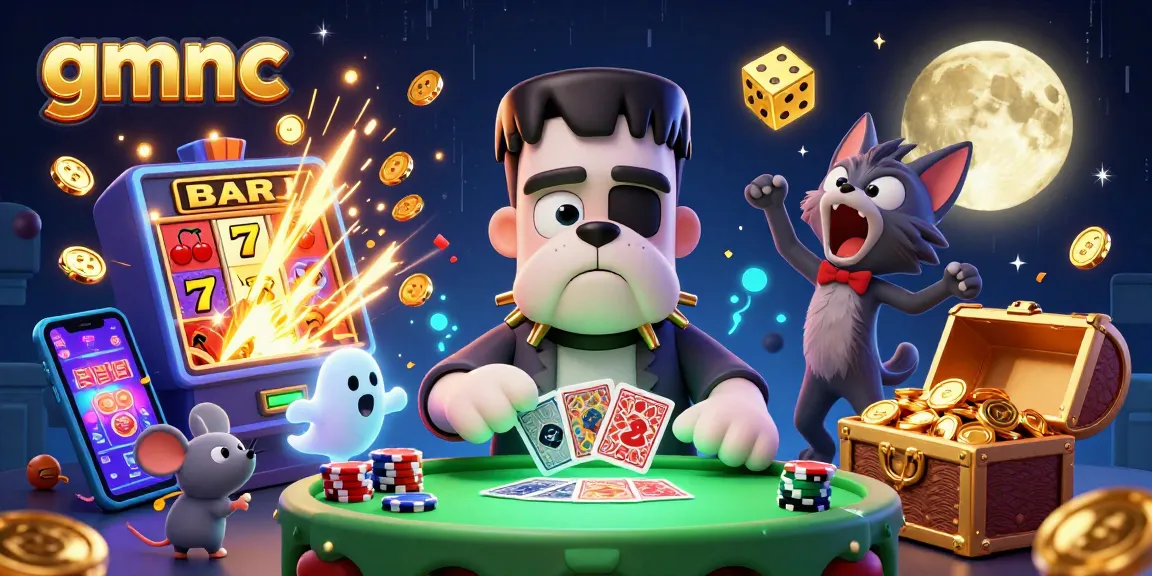 gmnc card dealer scene with cartoon monster, jackpot explosion, and ghost mouse.