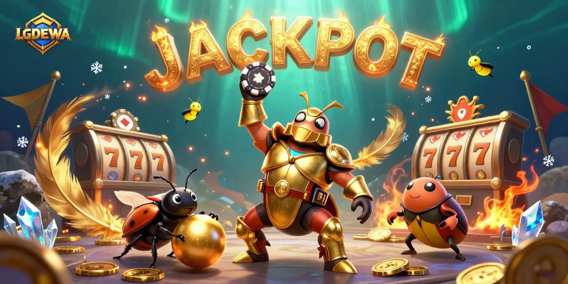 LGODEWA celebrates big wins with vibrant 3D illustration of a victorious beetle and jackpot elements.