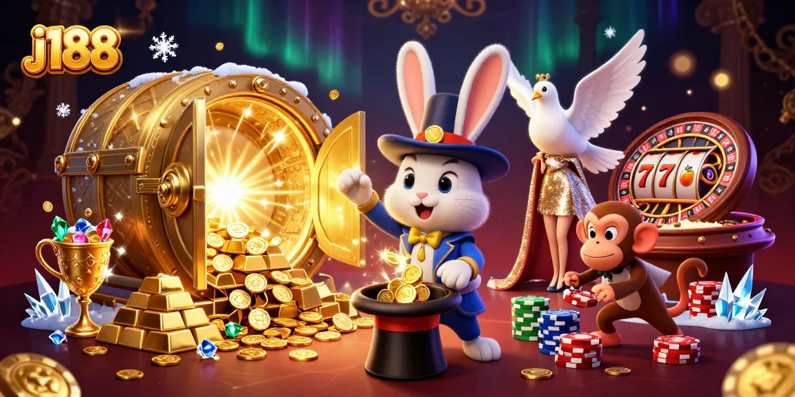 Experience j188 as the magician rabbit dazzles with coins in a vibrant casino scene.