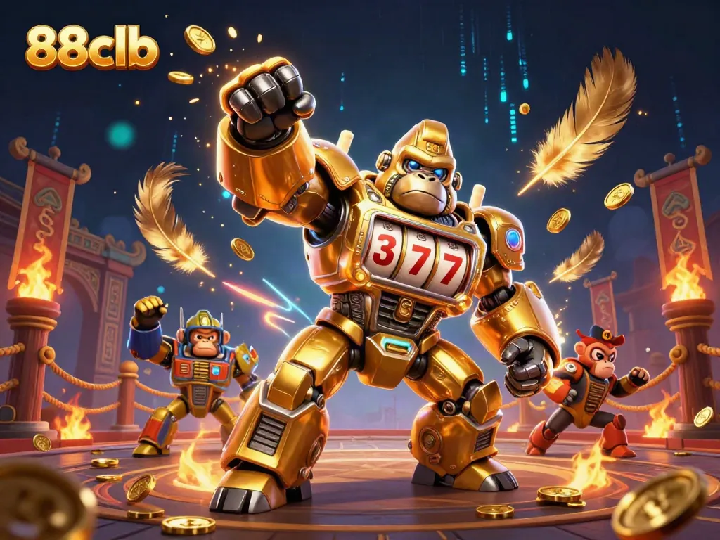 Experience thrilling gameplay with the dynamic 88clb scene featuring a golden gorilla mech and exciting casino elements.