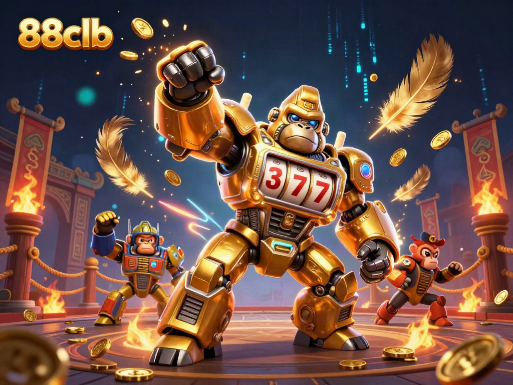 Experience thrilling gameplay with the dynamic 88clb scene featuring a golden gorilla mech and exciting casino elements.