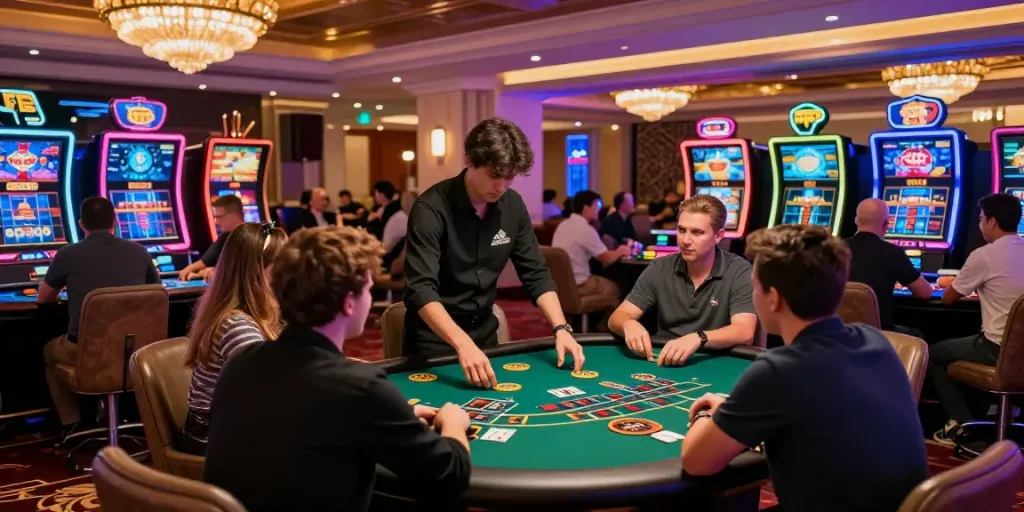Exciting gaming atmosphere at MAN88 online casino, showcasing players enjoying baccarat and poker.