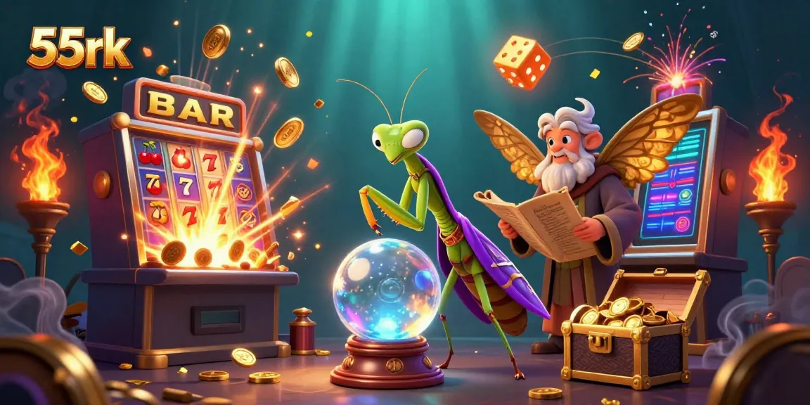 Engage with 55rk's vibrant casino realm as a fortune teller and librarian unveil jackpot magic.