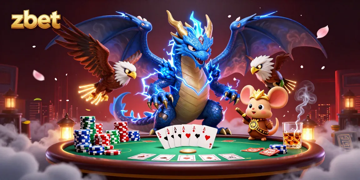 Engage with zbet in this vibrant scene featuring mythical creatures and poker elements.