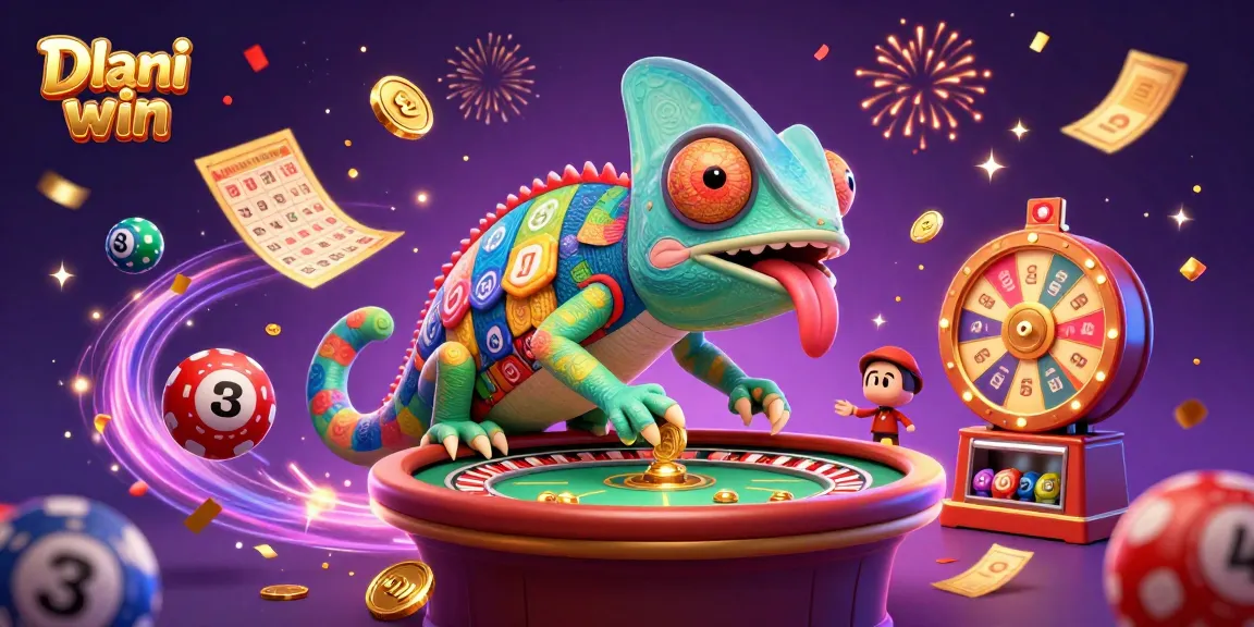 Dhani win promotion showcasing a colorful 3D chameleon casino owner gathering winnings amid vibrant lottery elements and confetti.