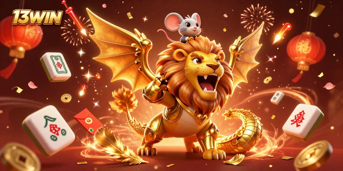 Experience thrilling gameplay with 13WIN featuring a mighty chimera and festive casino elements.
