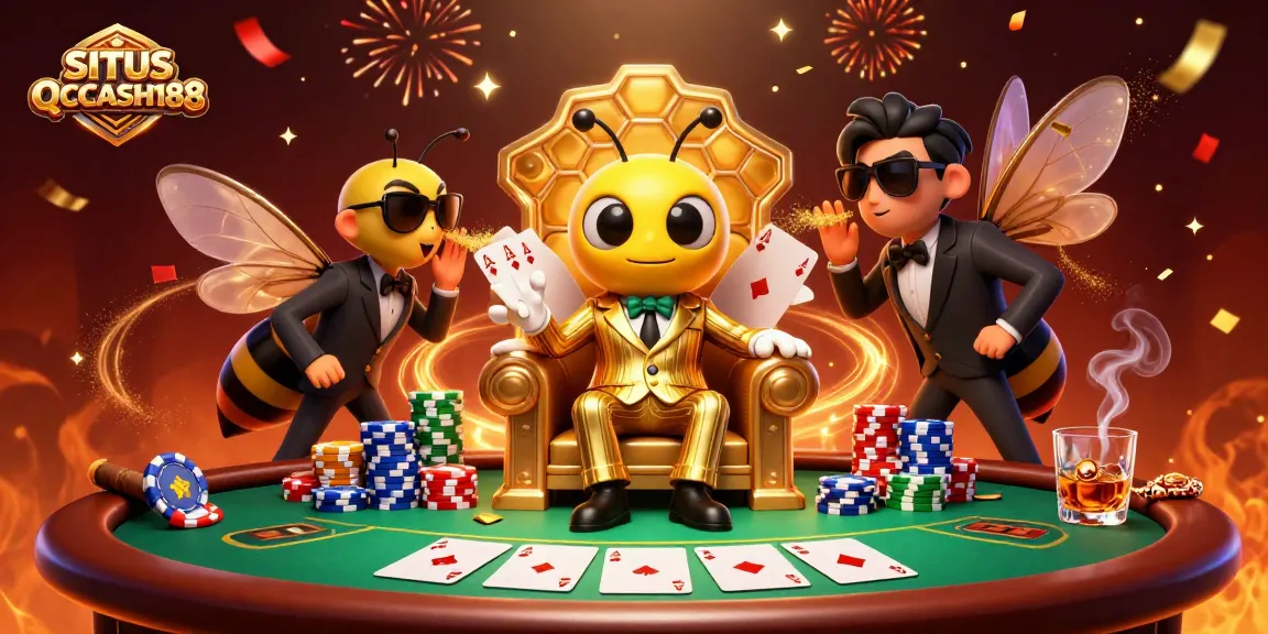 Join the fun at SITUS QQCASH188 with a bumblebee mob boss in a lively casino scene.