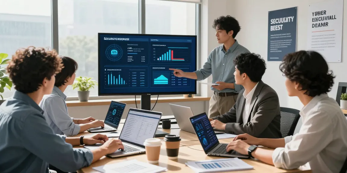 Office team discussing cyber essentials insurance strategies with charts and laptops.