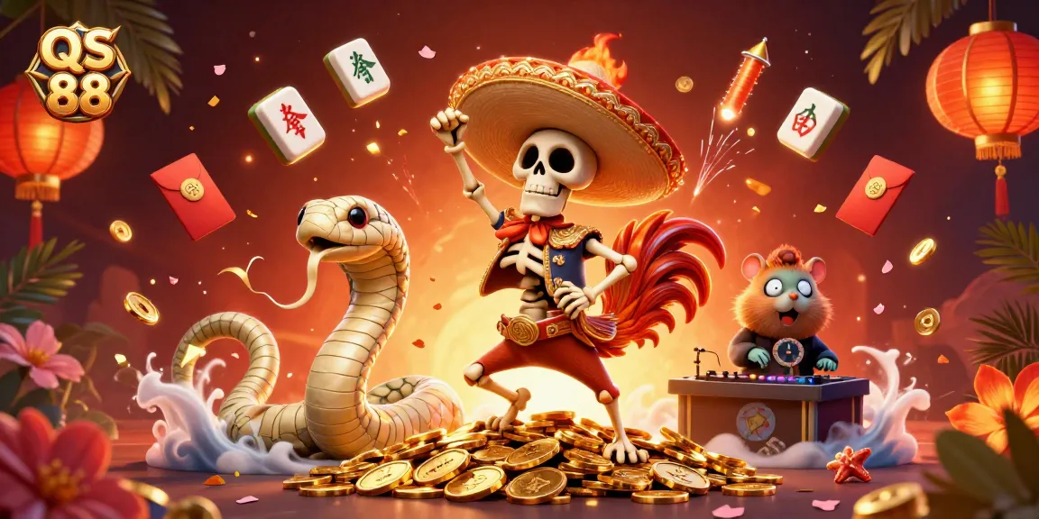 Engage with QS 88's vibrant 3D scene featuring a mariachi rooster and gaming elements celebrating casino fun.
