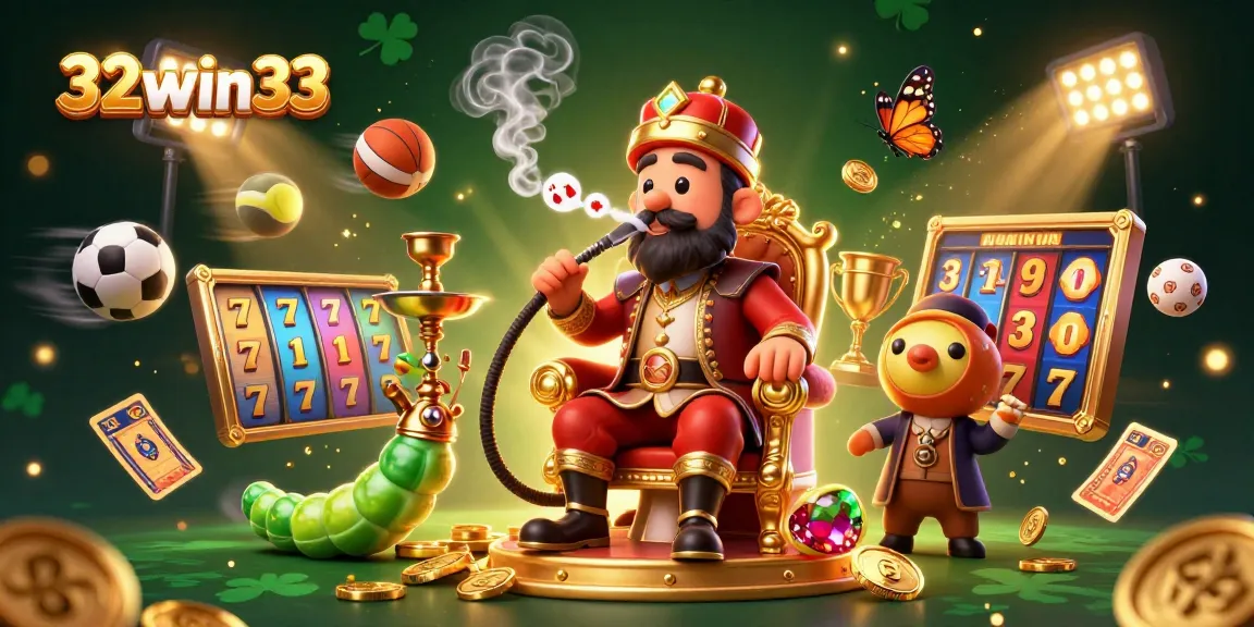 32win33 showcases an exciting casino scene with vibrant slot game elements and dynamic characters.