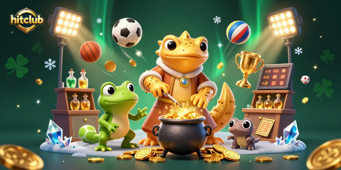 Hitclub showcases a golden salamander alchemist and frog apprentice creating gold coins amidst flying sports elements.