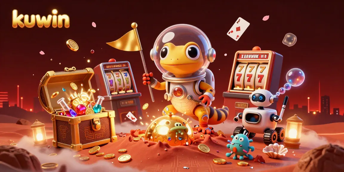 Experience the excitement of kuwin with a Martian gecko discovering a golden casino, surrounded by treasure and vibrant game elements.