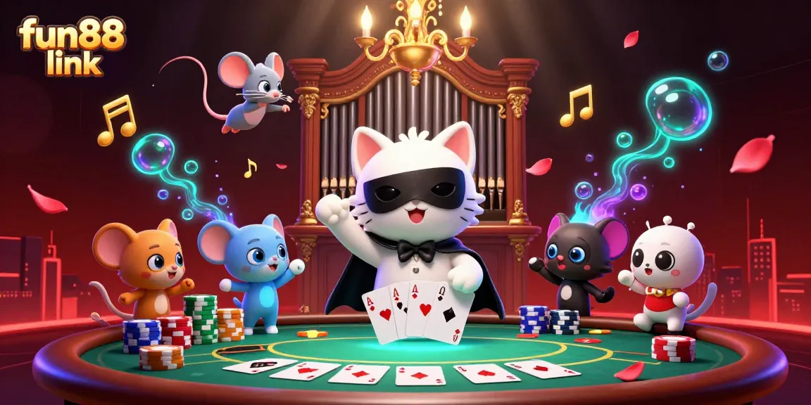 Experience thrilling gameplay with fun88 link as a vibrant casino scene unfolds, showcasing a playful cat and dynamic elements.