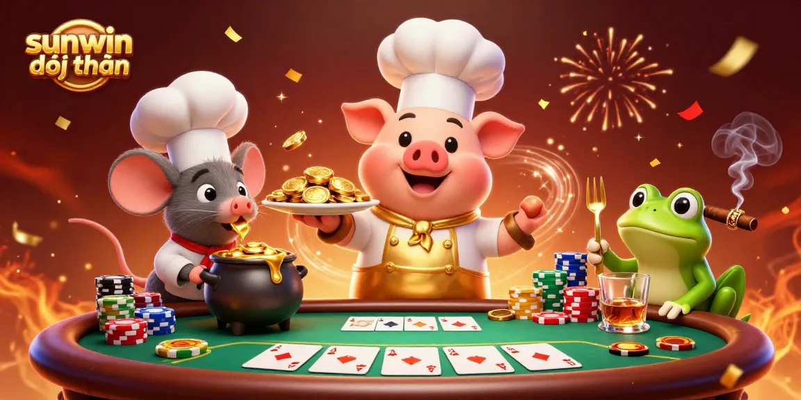 Engage in the vibrant fun of sunwin đổi thưởng with a golden chef scene, poker, and festive elements.