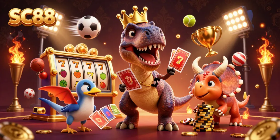 SC88 engaging players with a vibrant casino scene featuring a T-Rex and gambling elements