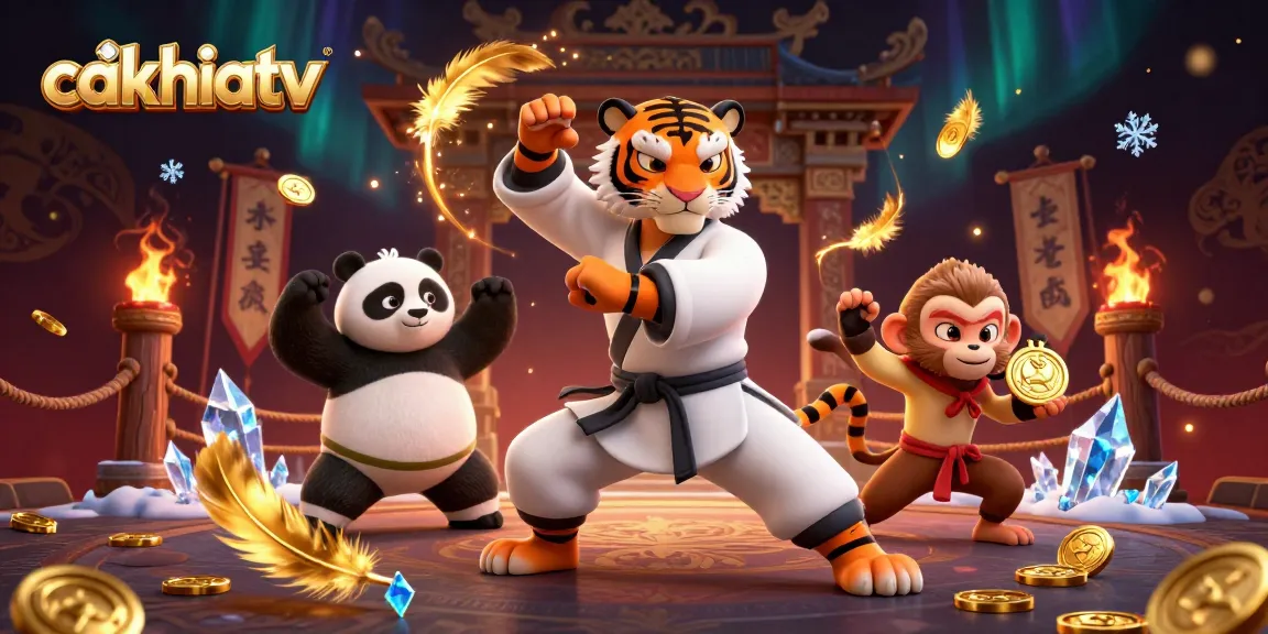 Experience exciting moments in the vibrant gaming world of cakhiatv, where a lively scene unfolds with a kung fu tiger, panda, and monkey.