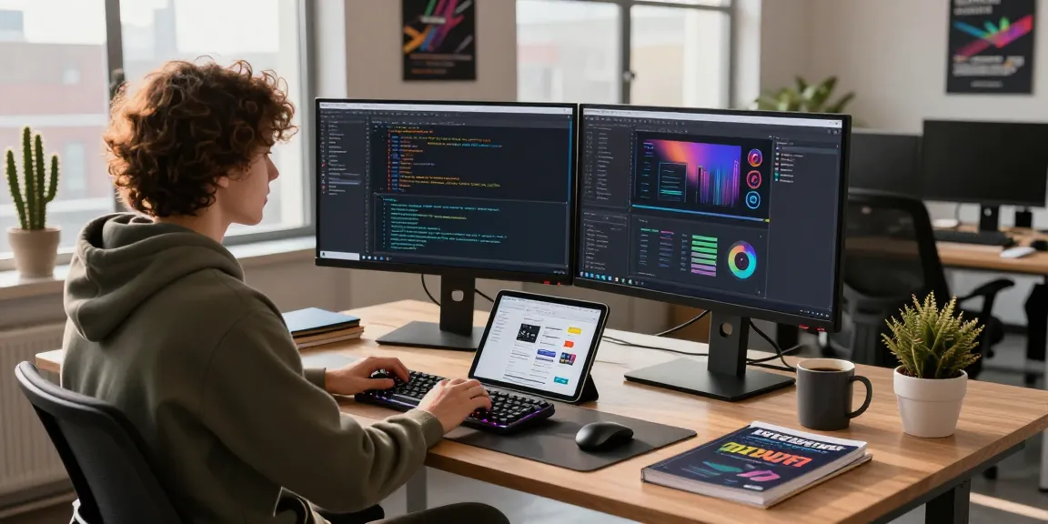 A vibrant tech workspace from teiegramin.com showing a developer coding at a sleek desk with dual monitors and a tablet, illuminated by natural light.