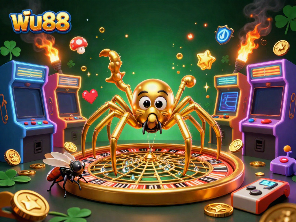 Experience thrilling betting with ฟัน88 as a golden spider spins a roulette wheel web in a vibrant 3D casino.