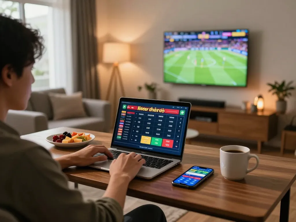 Engaging sports betting scene with kèo nhà cái odds displayed on a laptop in a cozy home setup.