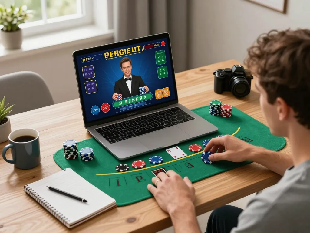 LV88 online gaming experience with a player engaging in live dealer blackjack from a stylish home office.