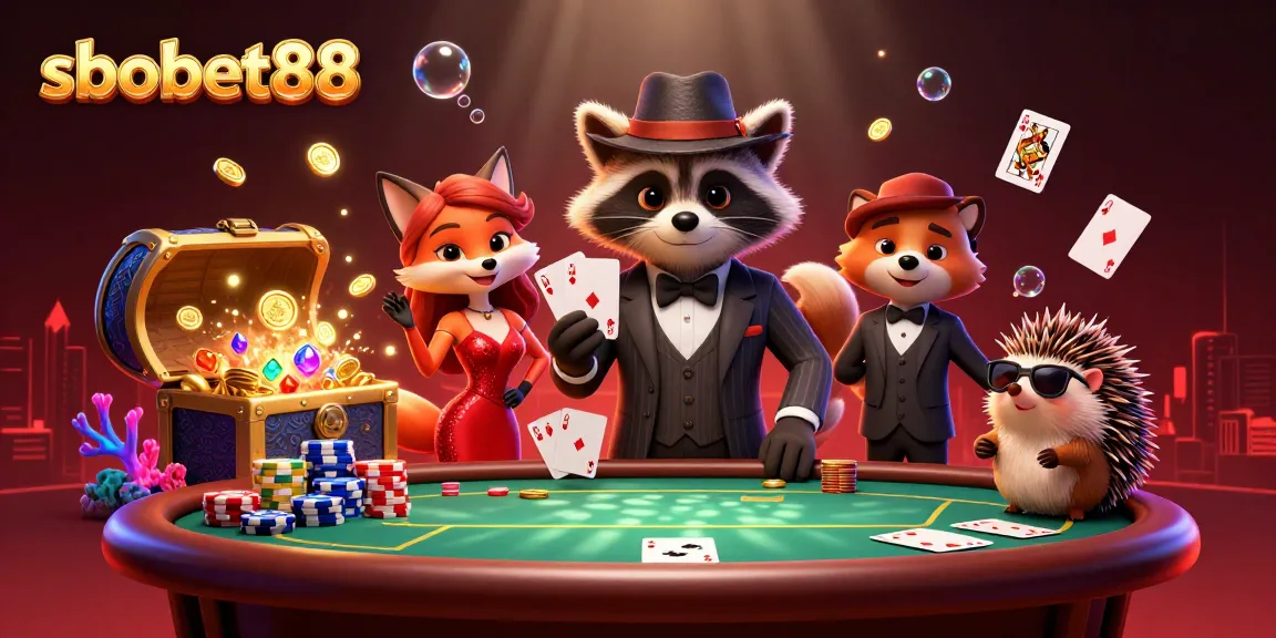 Engage in sbobet88-style poker thrills with a raccoon and friends in a vibrant casino scene.