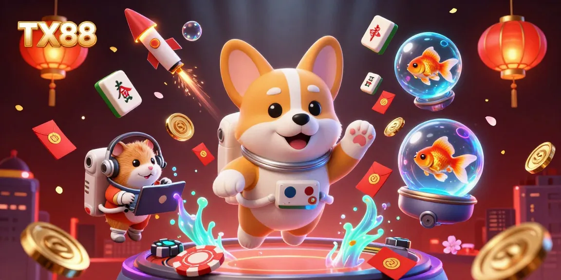 Engage in TX88's vibrant space casino adventure with a cartoon astronaut corgi and lucky symbols.