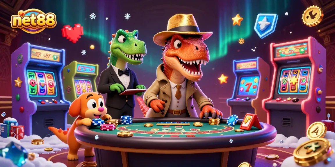 Experience excitement at net88 with a velociraptor card counter and action-packed gaming scene.