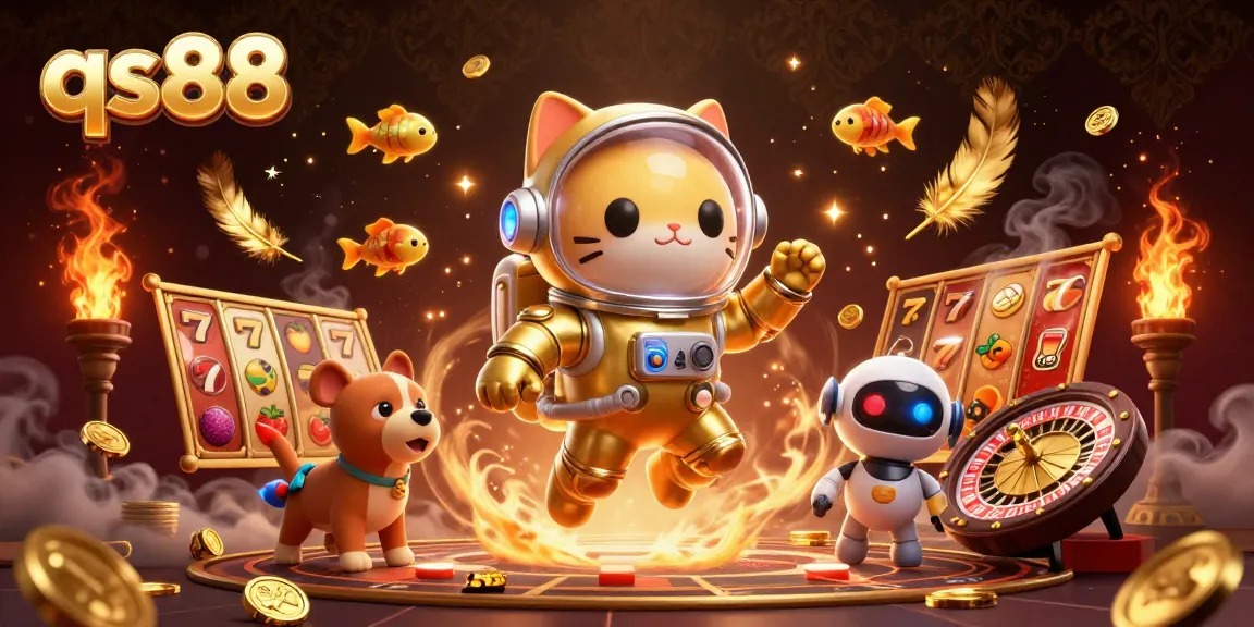 Experience the excitement of qs88 with floating 3D characters amidst dynamic casino elements.