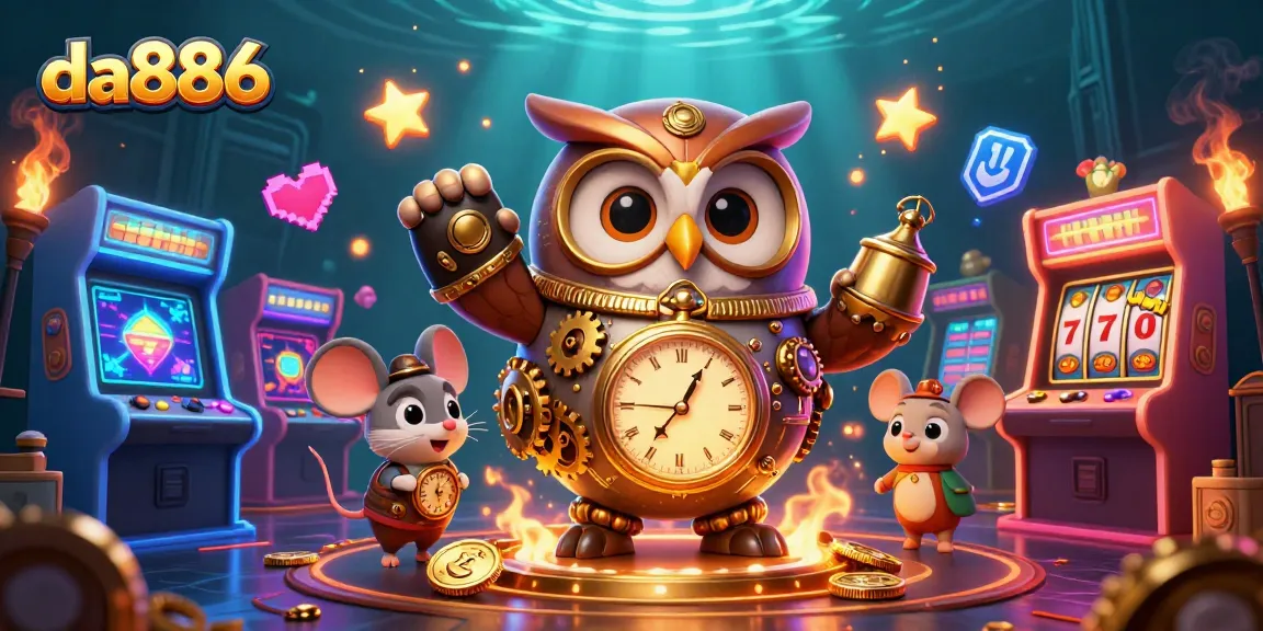 Engage with da886's immersive casino experience featuring a steampunk owl and vibrant slot machines.