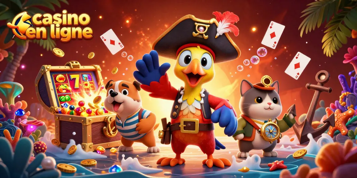 Jouez à des jeux de casino en ligne avec cette illustration 3D d'un capitaine pirate et ses amis autour des machines à sous.