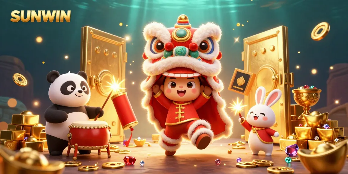SUNWIN gaming scene with lion dance, drumming panda, and treasures capturing excitement of online gambling