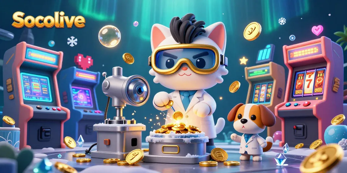 Socolive showcases an exciting gambling scene featuring a mad scientist cat and lab assistant dog amidst vibrant casino elements.