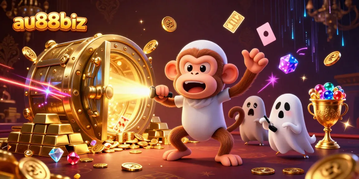 Experience the excitement at au88biz with a playful monkey and ghost-hunter puppy juggling casino treasures.