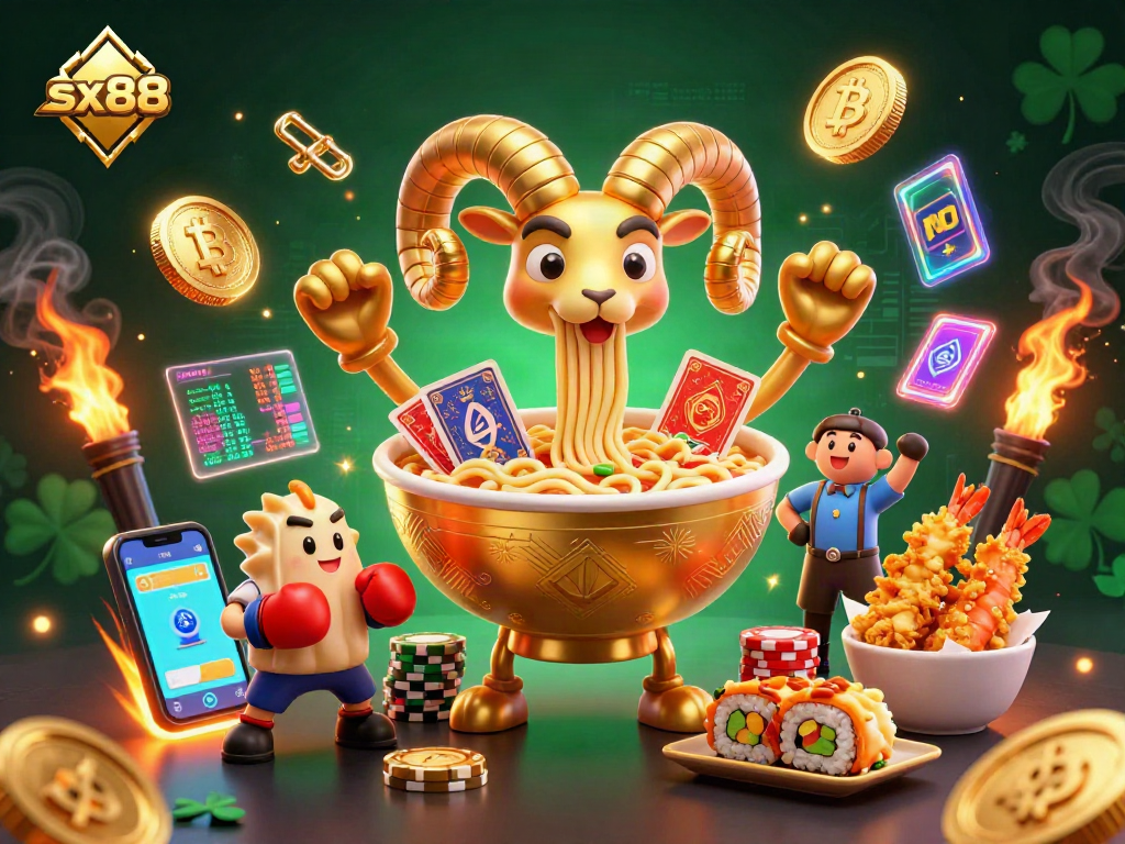 Sx88 showcases a vibrant 3D illustration featuring a golden ramen bowl character dealing cards with dynamic crypto elements in a casino.