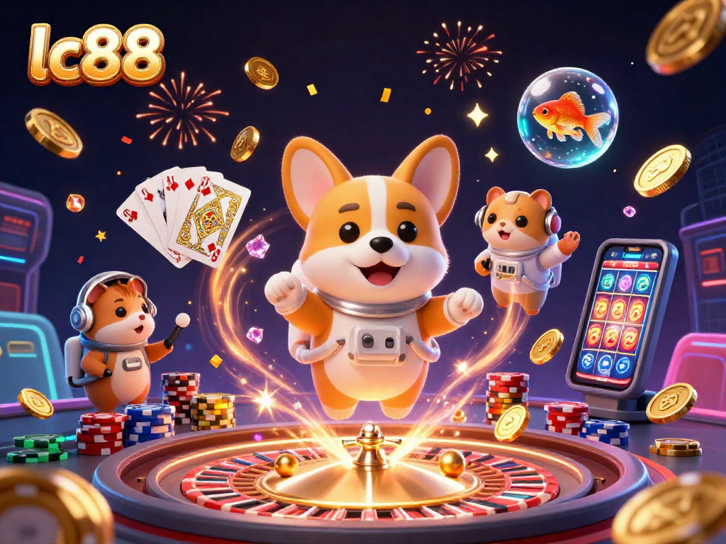 Experience the excitement of lc88 with a floating corgi astronaut in a vibrant casino space setting.