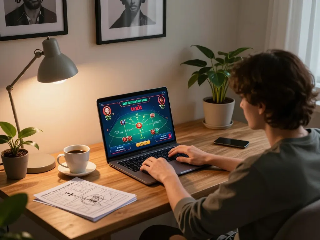 Tài xỉu online gameplay scene with a player focused on their laptop in a cozy setting.
