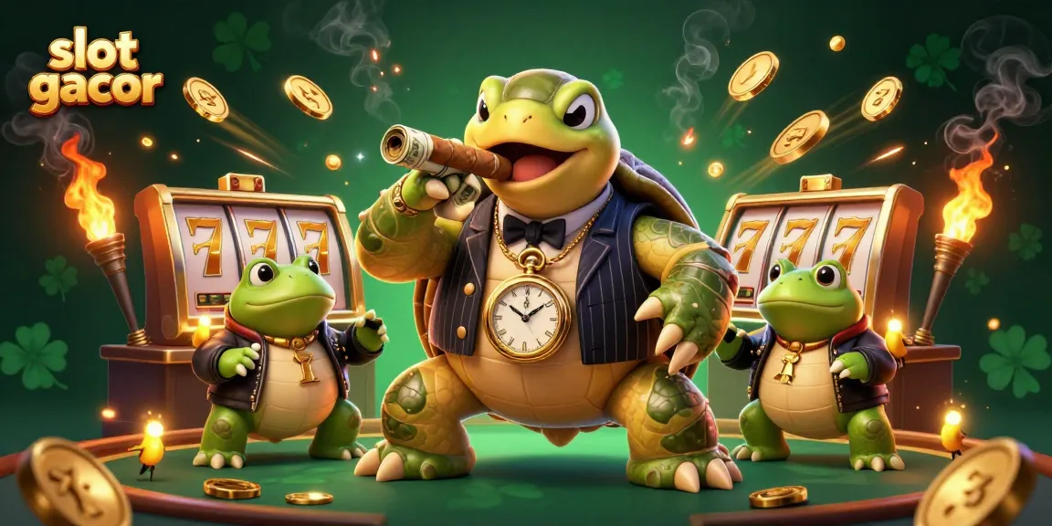 Engage with slot gacor themed 3D cartoon illustration featuring a massive turtle in a mobster suit surrounded by vibrant casino elements.