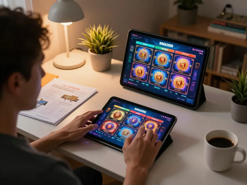 NAGA2000 player enjoying a thrilling session on tablet with engaging slot gameplay