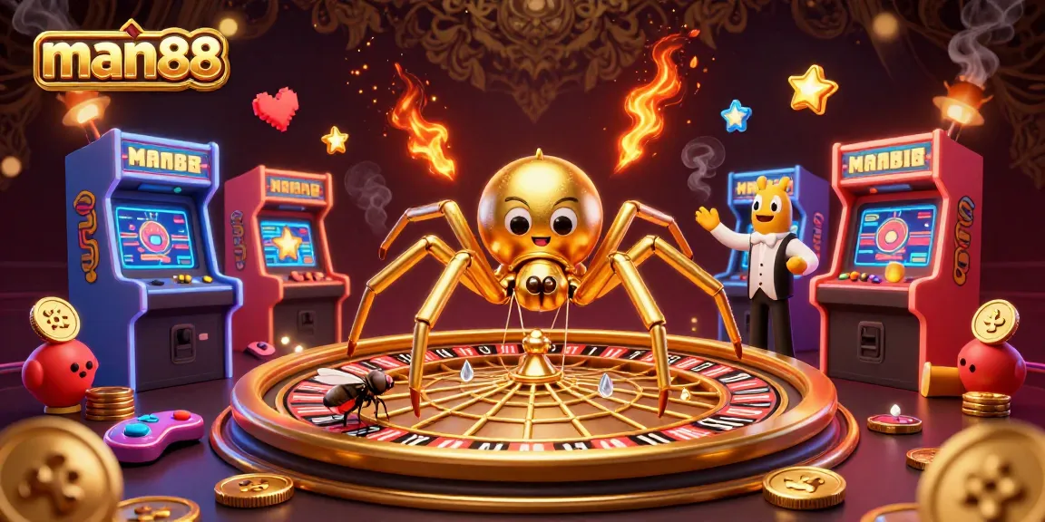 Experience man88's vibrant casino scene with a golden spider spinning a roulette wheel and a centipede croupier.