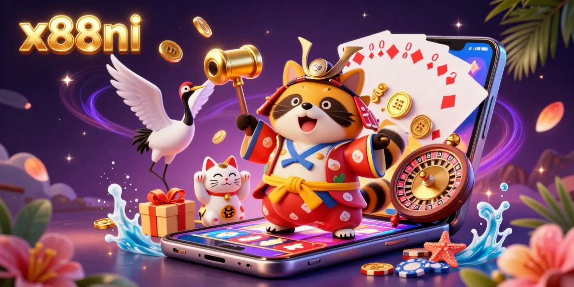 Spin and win at x88ni with colorful slots and cheerful characters in a vibrant casino scene.