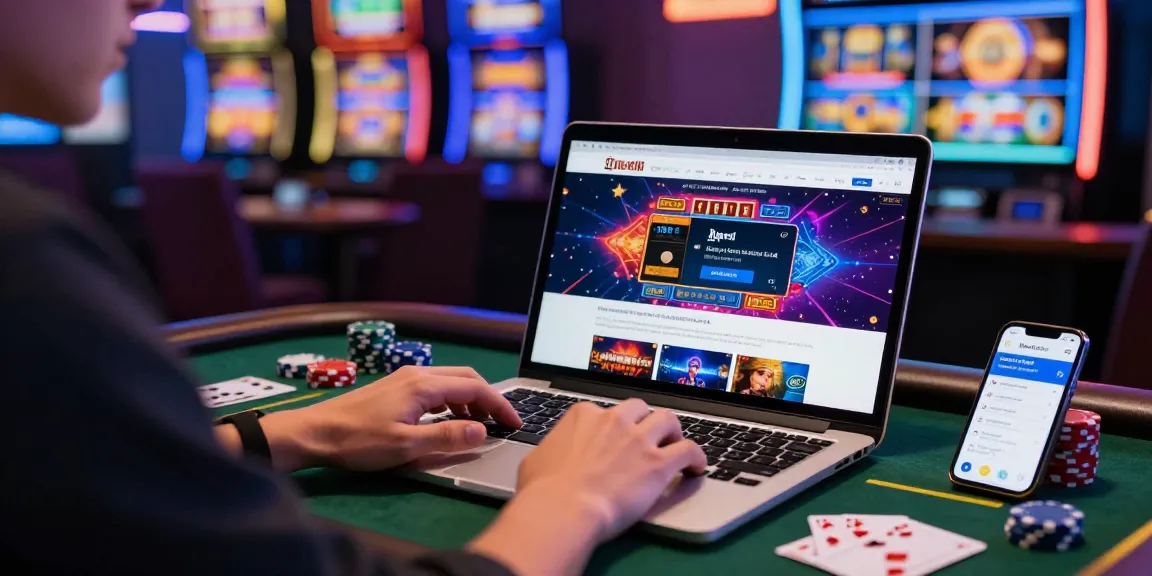 Player enjoying credit card casinos on laptop with exciting game graphics and banking options visible.