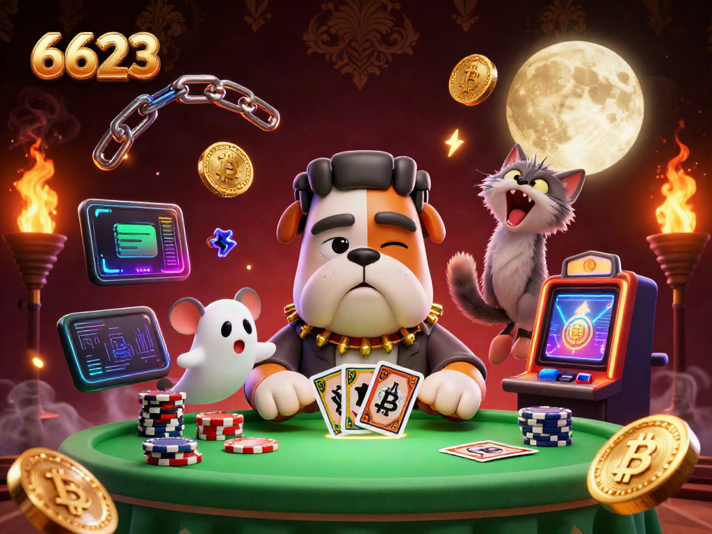 Engage with 6623 while the Frankenstein bulldog monster deals cards at a spooky casino table with striking golden details.