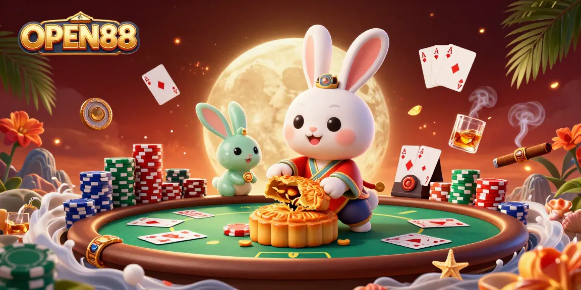 Experience high-stakes gaming with OPEN88's vibrant 3D casino scene featuring moon rabbits and poker chips.