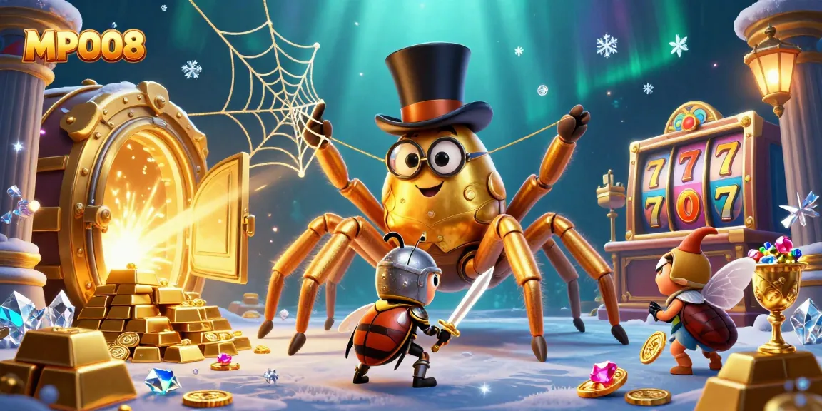 MPO08 features a golden tarantula and a beetle knight amidst vibrant casino symbols and treasures, showcasing immersive gambling action.