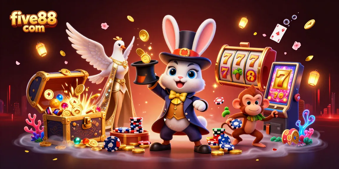 Spin and win with five88 com as a magician rabbit dazzles with golden coins and slot elements