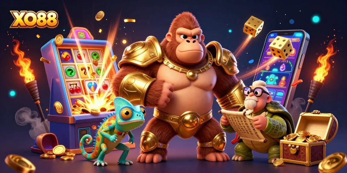 Experience the excitement of XO88 with a dynamic casino scene featuring characters, games, and dazzling visuals.