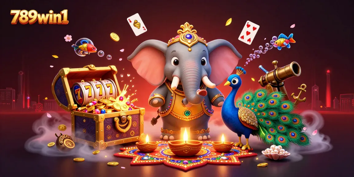 Experience thrilling gaming at 789win1 with a colorful scene featuring a cartoon elephant, peacock, and dynamic casino elements.